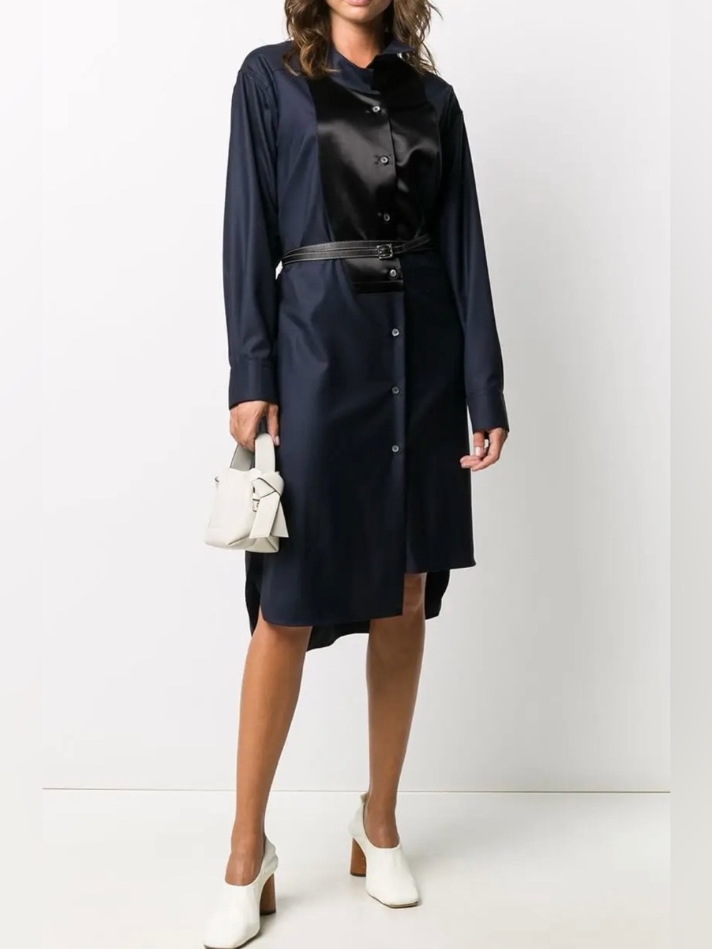 LOEWE Asymmetric Wool Midi Shirt Dress Navy Blue Size 38 / M